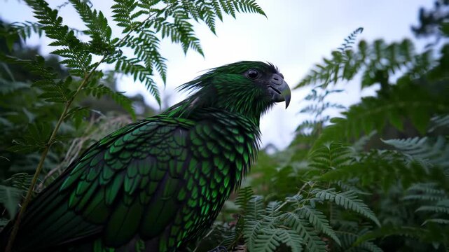 Green Kaka bird in fern forest foliage. New Zealand nature wildlife.