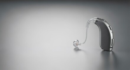 Modern hearing aid on a gray textured surface for improved hearing health. Medical device for hearing impairment and rehabilitation.