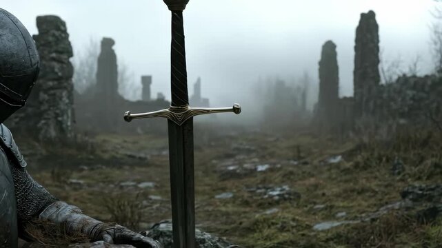 A weary knight, clad in full armor, sits with a sword planted nearby. Ruins loom in the misty background in this video, conveying a sense of solitude and loss