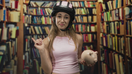 Young woman wearing helmet holds piggybank and points finger in a library building; playful thrift.