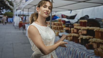 Woman presenting jars with open palms and bare shoulder at a street market stall; local shopping curiosity.