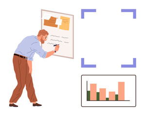 Man writing notes and ideas on a board alongside a displayed bar chart for analysis. Ideal for planning, brainstorming, strategy, productivity, organization, data visualization, teamwork. Simple flat