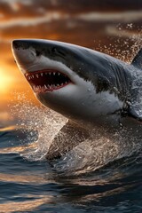 Naklejka premium Powerful shark leaps from ocean during sunset in thrilling display of nature