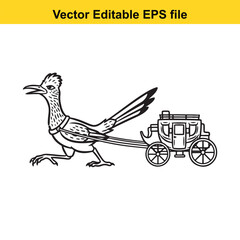 Black and white line art vector illustration of a cartoon roadrunner bird pulling an oldfashioned stagecoach, isolated on