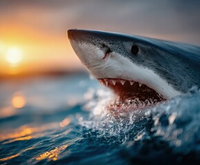 Naklejka premium Shark breaching the surface at sunset near the coast