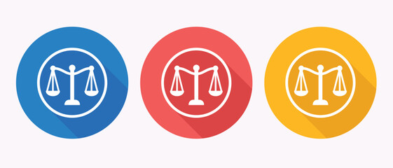 Scales of justice icon representing law and legal balance in blue circular shape isolated at white