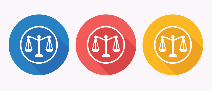 Scales of justice icon representing law and legal balance in blue circular shape isolated at white