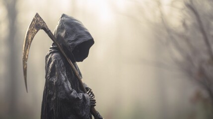 A cloaked figure stands in a misty forest, holding a large scythe. The atmosphere is eerie and somber, evoking themes of death