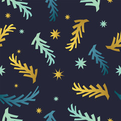 Christmas seamless christmas pattern. Christmas tree branch , stars, blue and gold color.  Festive winter vector illustration