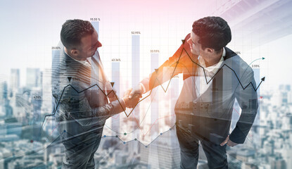 Two business professionals shake hands symbolizing a successful partnership. The image features financial graphs overlaying a cityscape, highlighting growth and collaboration. Scalp