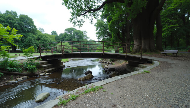 A quiet park scene with a wooden bridge over a stream, lush green trees, and a gravel path surrounded by a natural garden.