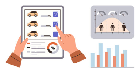 Hands pointing at tablet displaying car options and checkmarks. Charts and graphs show percentage data and distribution. Ideal for market research, data analysis, decision-making, automotive studies