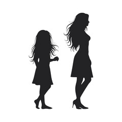 Silhouette of a mother and daughter walking holding hands against white background