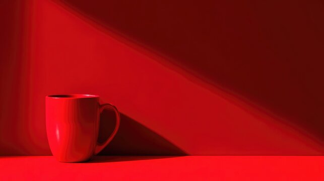 A red ceramic mug sits on a red surface with soft shadows. The background is a solid red, creating a monochromatic effect