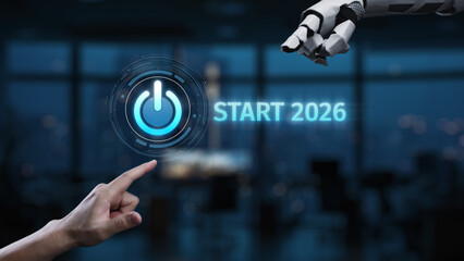 A conceptual image illustrating the interaction between human and robot, featuring a digital power...