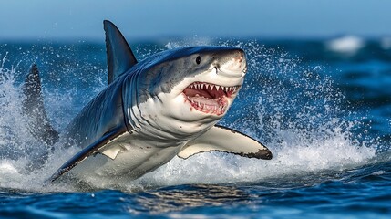 Great white shark breaching ocean surface with open mouth showing teeth in predatory hunting behavior