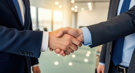 Two business people shaking hand in a modern office setting