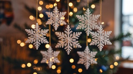 Delicate white snowflake ornaments hanging on Christmas tree with warm lights