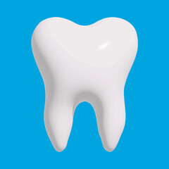 3D white shiny tooth icon, symbol design style. Tooth render on a blue background. Dentist concept. Modern 3D glossy tooth icon. Website and mobile app design element, vector illustration EPS 10.