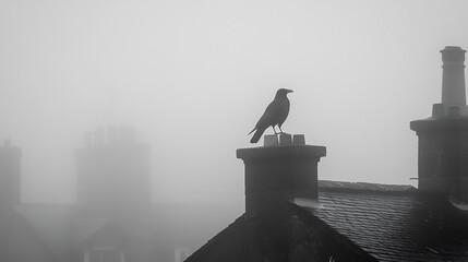 Black bird crow perched on chimney in foggy weather grayscale photography stock photo and image download