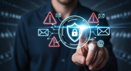 Mans finger touching a glowing holographic shield lock icon with warning triangles and email symbols, representing cyber security