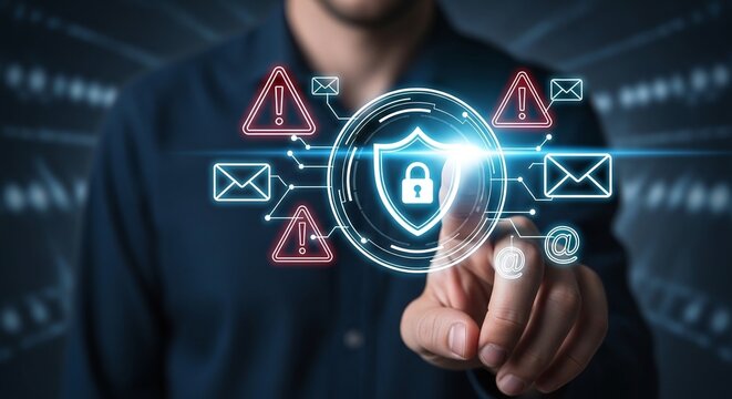 Mans finger touching a glowing holographic shield lock icon with warning triangles and email symbols, representing cyber security