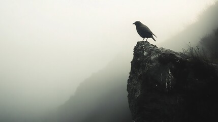 Bird perched on rock in foggy landscape nature photography wildlife scenery misty mountain peak view