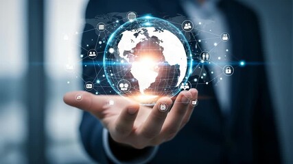 Hand holding a glowing globe with network connections and various tech icons around it - Powered by Adobe