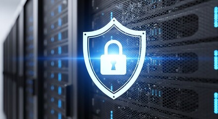 Cybersecurity shield with padlock icon protecting data servers in a modern data center, symbolizing secure network infrastructure and digital information protection