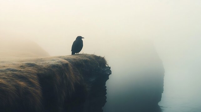 Isolated raven perched on misty cliff edge scenic wildlife photography nature background wallpaper image