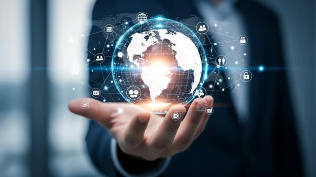 Hand holding a glowing globe with network connections and various tech icons around it - Powered by Adobe