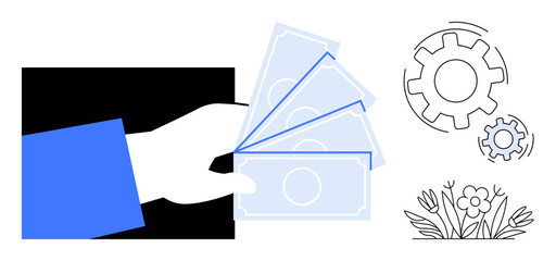 Hand presenting currency notes symbolizes finance, gears denote operational mechanisms, and blooming flower conveys growth. Ideal for economy, business, sustainability, investment, innovation