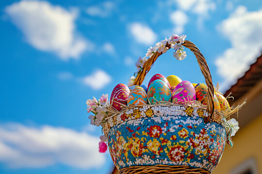 Decorated colorful Easter eggs in bright floral basket 