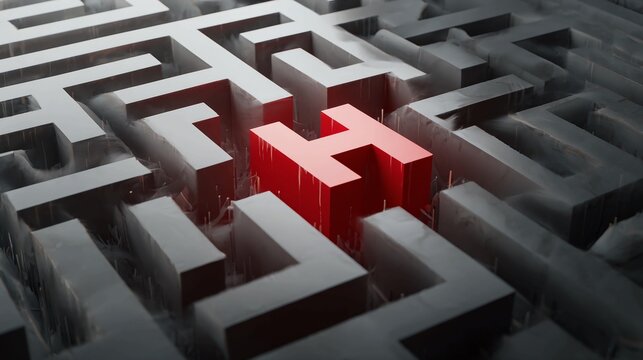 Red letter H in a complex maze a conceptual illustration of challenges solutions and finding the right path