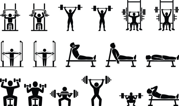 Gym exercise pictogram set with various weight training workouts