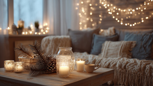 Minimalist winter living room with pine décor, warm fairy lights, and cozy holiday atmosphere. Scandinavian style living room, soft lights, mine branch décor, candles, winter atmosphere.