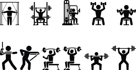 Weightlifting and fitness gym exercise stick figure icons set