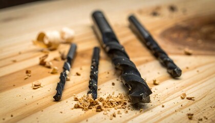Close-up of drill bits on wood, scattered wood shavings