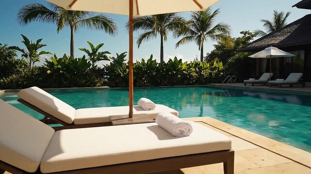 Luxury swimming pool with clear turquoise water and lounge chairs under palm trees on a sunny day Keywords: swimming pool, luxury, resort, vacation, holiday, travel, tropical, palm trees, lounge