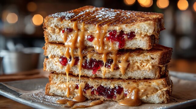 Delicious peanut butter and jelly sandwich stack with caramel drizzle and powdered sugar dessert treat