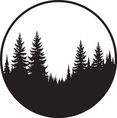Black silhouette of pine trees in a circle forest black and white