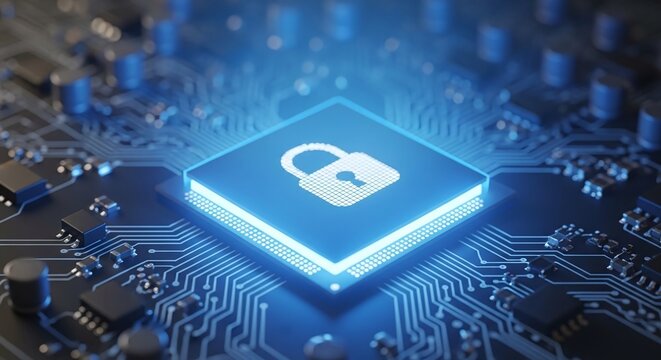 Closeup of a glowing blue padlock icon on a microchip, representing digital data security, cyber protection, and advanced technology