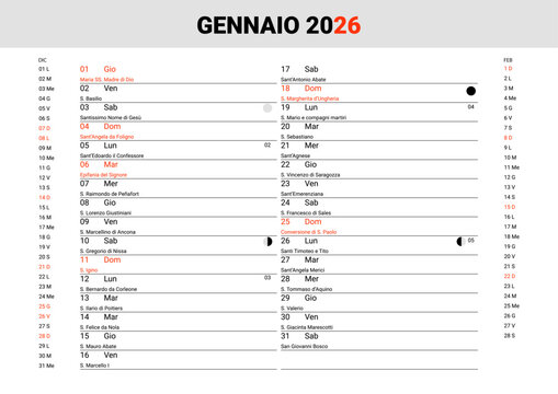 January 2026 Italian Saints Calendar Template
