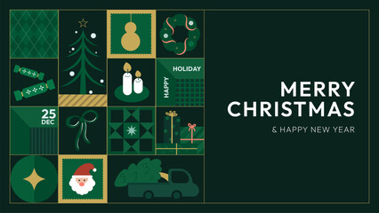 Modern Christmas and New Year greeting card with minimalist holiday icons arranged in geometric blocks. Features a Christmas tree, candles, wreath, Santa, gifts, and ornaments in dark green.