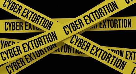 Yellow caution tape with cyber extortion text crisscrossing against a black background, symbolizing digital crime, blackmail, and online security threats