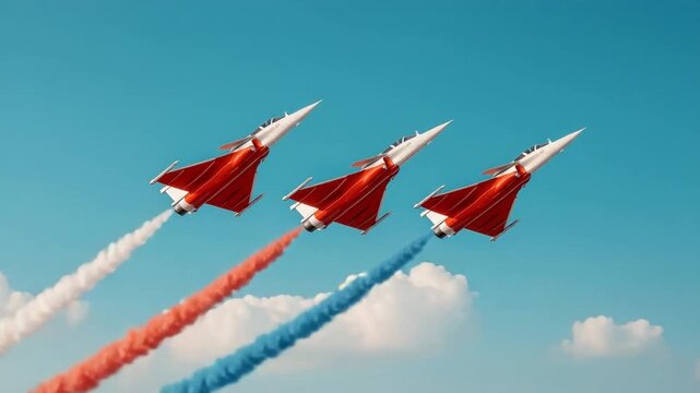 Three Fighter Jets Performing Aerobatic Maneuvers in a Clear Blue Sky with Smoke Trails 4k video footage