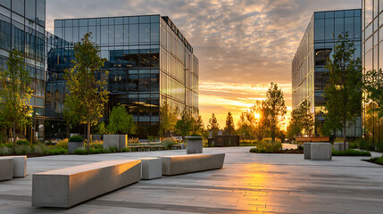 Obraz premium Modern glass office buildings with trees and benches at sunset modern architecture glass buildings