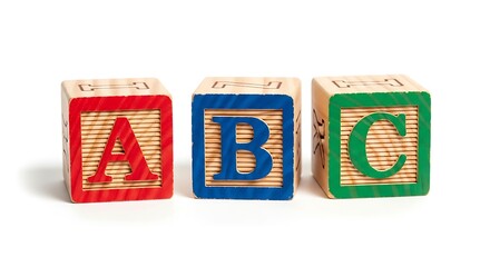 Three wooden alphabet blocks displaying the letters A, B, and C in red, blue, and green, isolated on a white background, symbolizing early learning and education