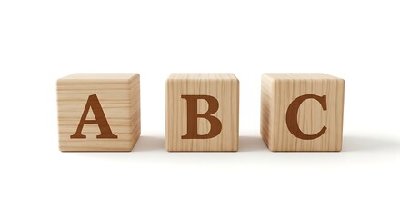 Three wooden blocks with letters A, B, and C arranged in a row on a white background, representing learning and basic education concepts