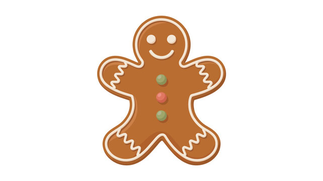 Single gingerbread man cookie with icing decorations, clean vector design, festive colors, white background